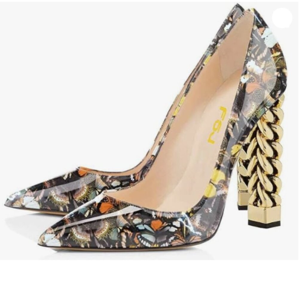 FSJ Women Gold Metal Chain Chunky High Heel Pointed Toe,  Multicoloured Shoes
